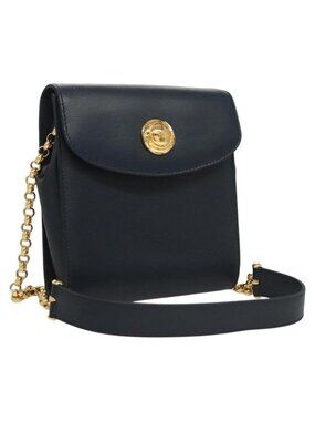 Authentic Chloe Chain Shoulder Bag Leather Navy Gold